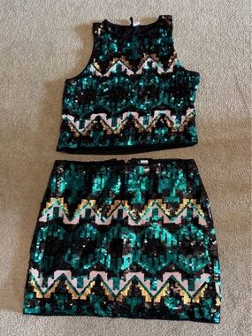 H&M Emerald, Black & Gold Sequin Mini Skirt